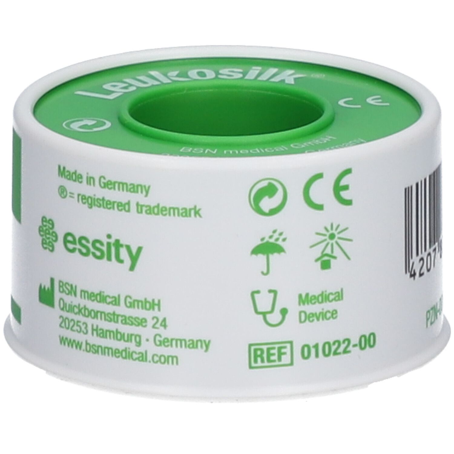 Rol Leukosilk. Made in Germany, essity. Groen en wit. Opschrift Leukosilk, CE-markering.