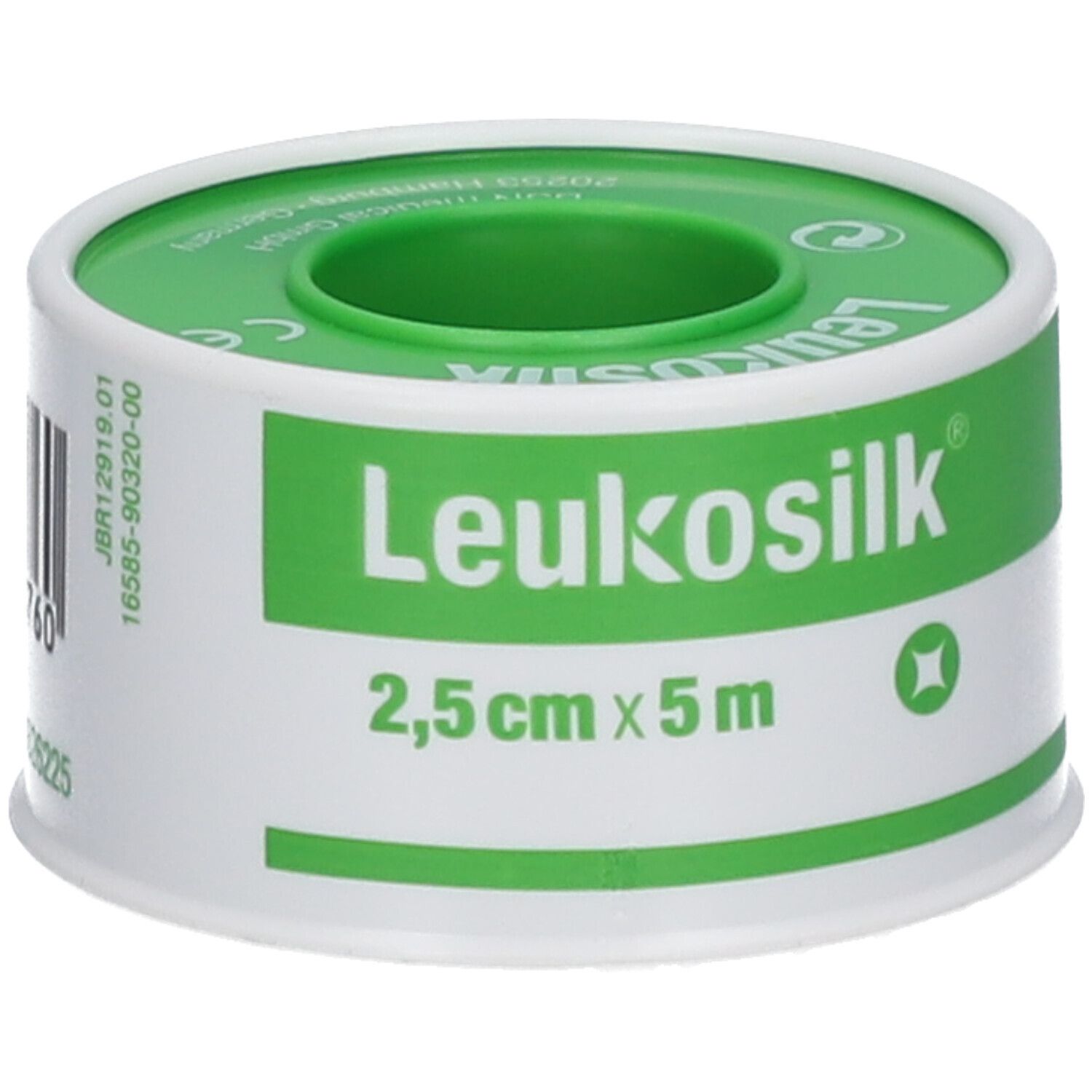 Rol Leukosilk, 2,5 cm x 5 m. Groen en wit. Opschrift Leukosilk, CE-markering.