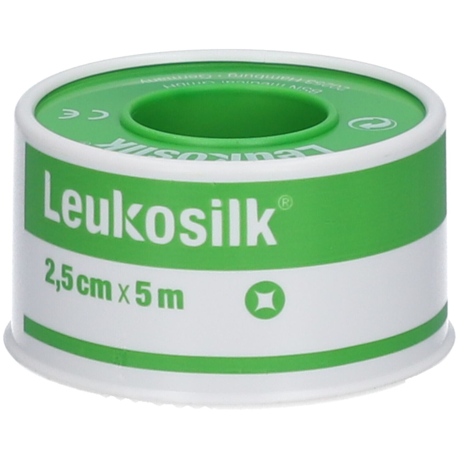 Rol Leukosilk, 2,5 cm x 5 m. Groen en wit. Opschrift Leukosilk, CE-markering.