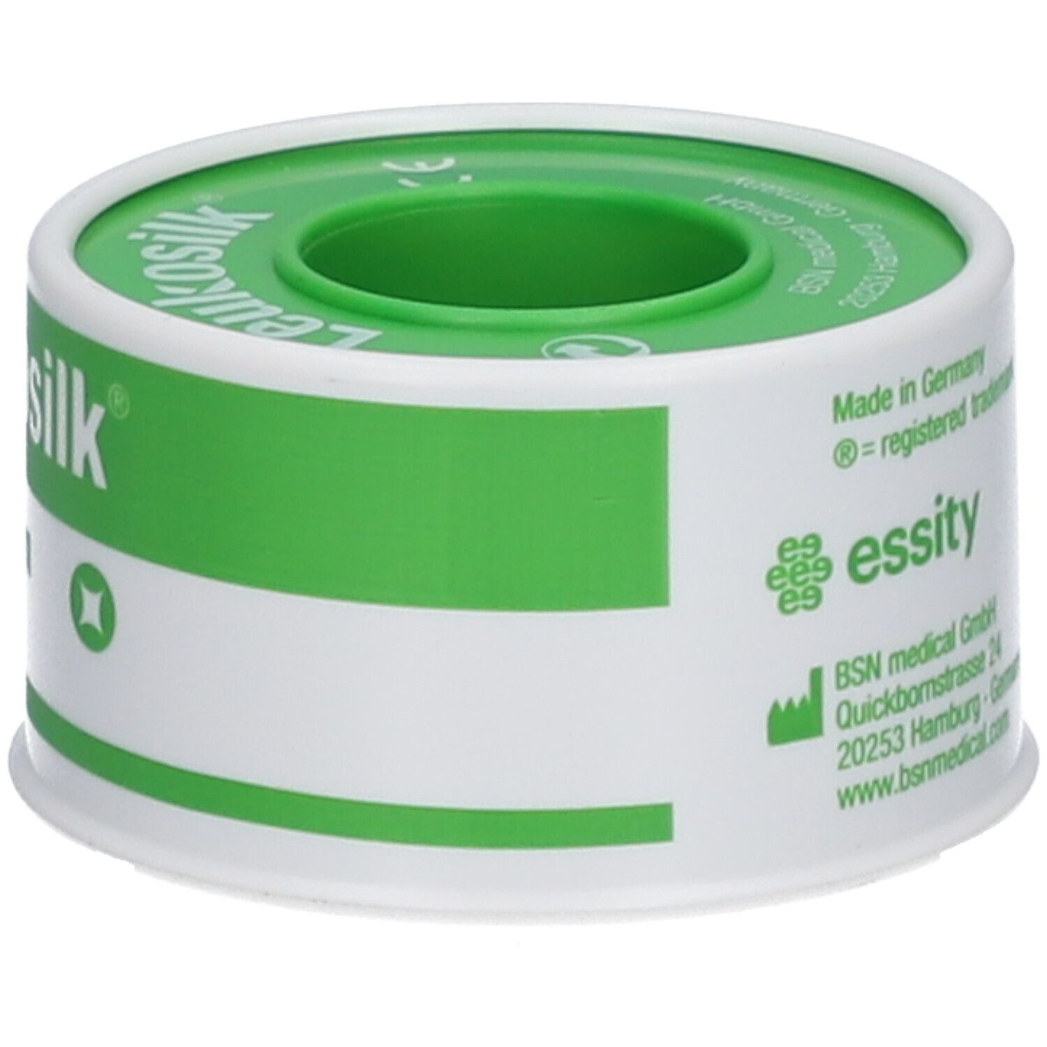 Rol Leukosilk. Made in Germany, essity. Groen en wit. Opschrift Leukosilk, CE-markering.