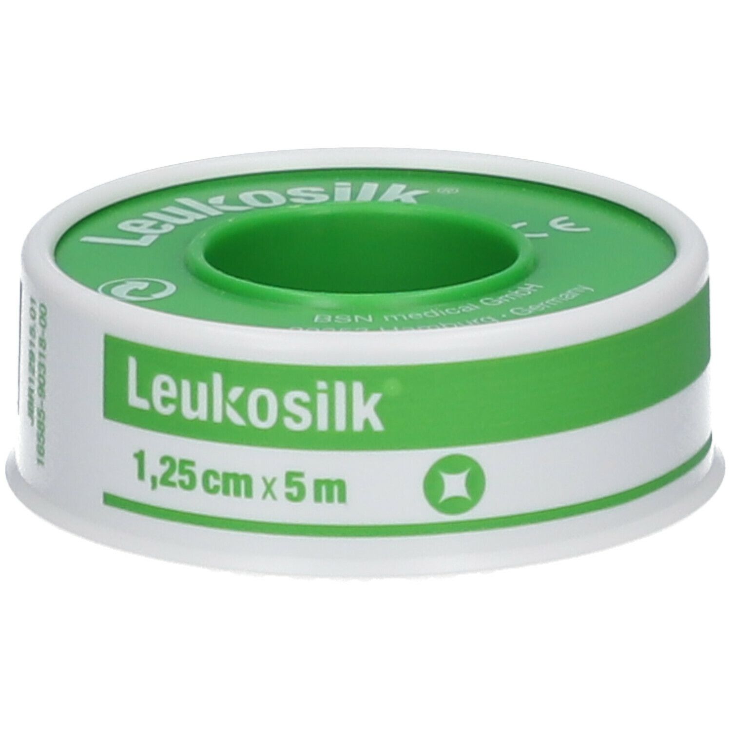 Rol Leukosilk. Wit tape met groene kern. Opschrift: 1,25 cm x 5 m. Merk Leukosilk.