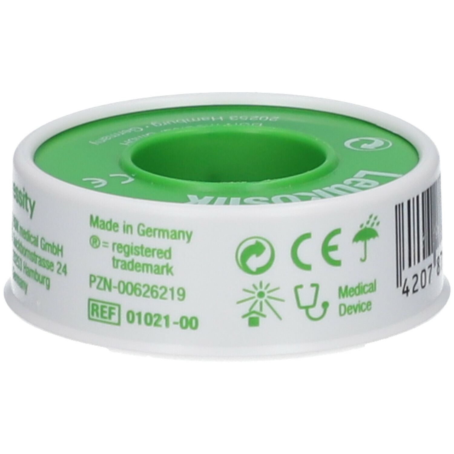 Rol Leukosilk. Wit tape met groene kern. Opschrift: Made in Germany, CE-markering, REF-nummer.