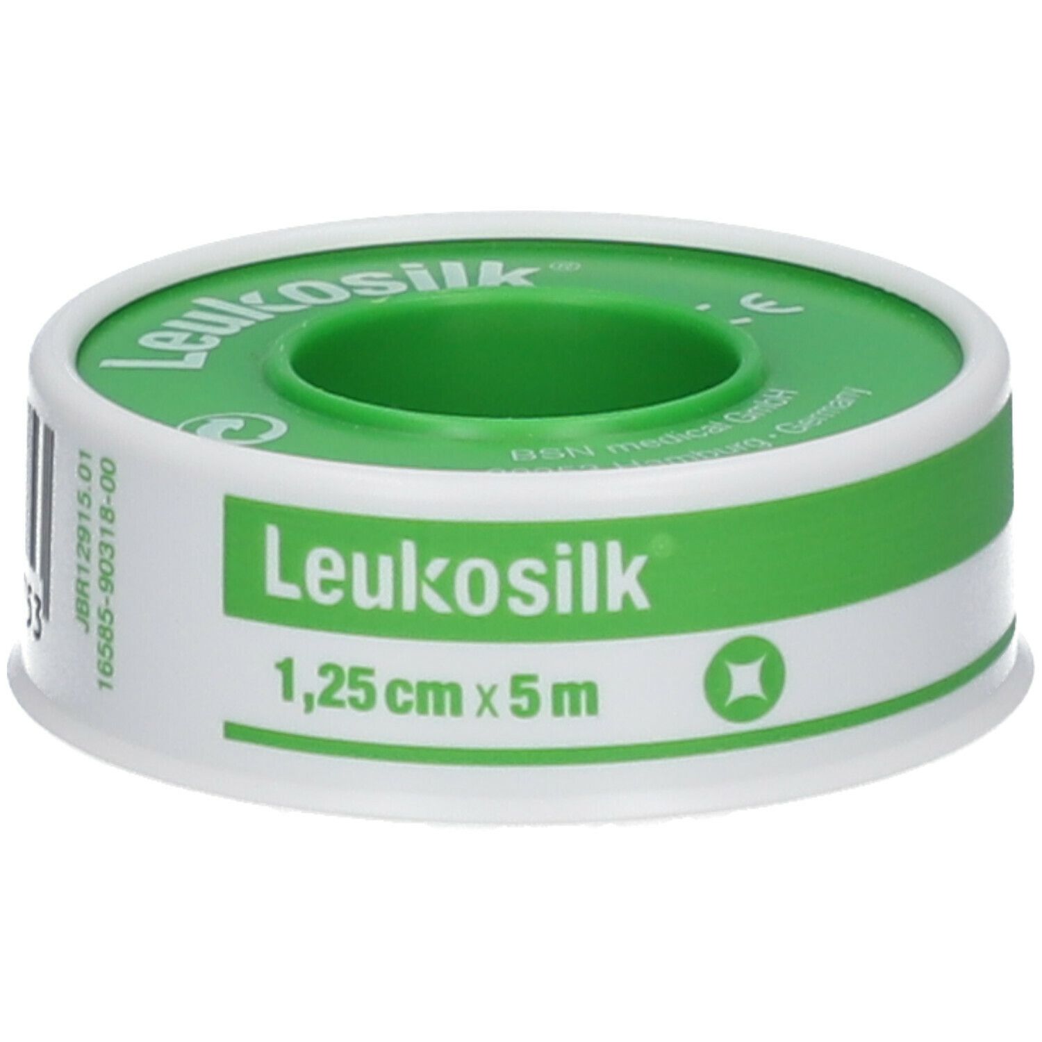 Rol Leukosilk. Wit tape met groene kern. Opschrift: 1,25 cm x 5 m. Merk Leukosilk.