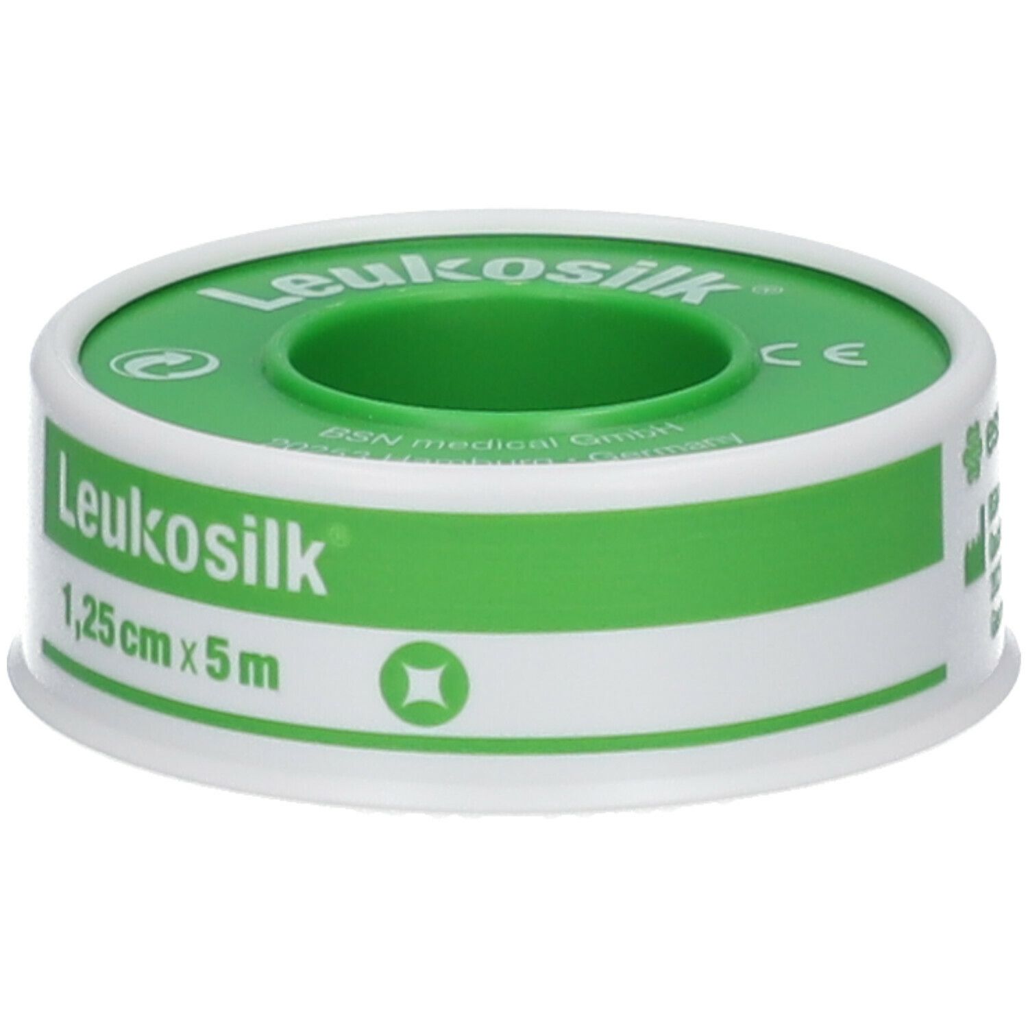 Rol Leukosilk. Wit tape met groene kern. Opschrift: 1,25 cm x 5 m. Merk Leukosilk.