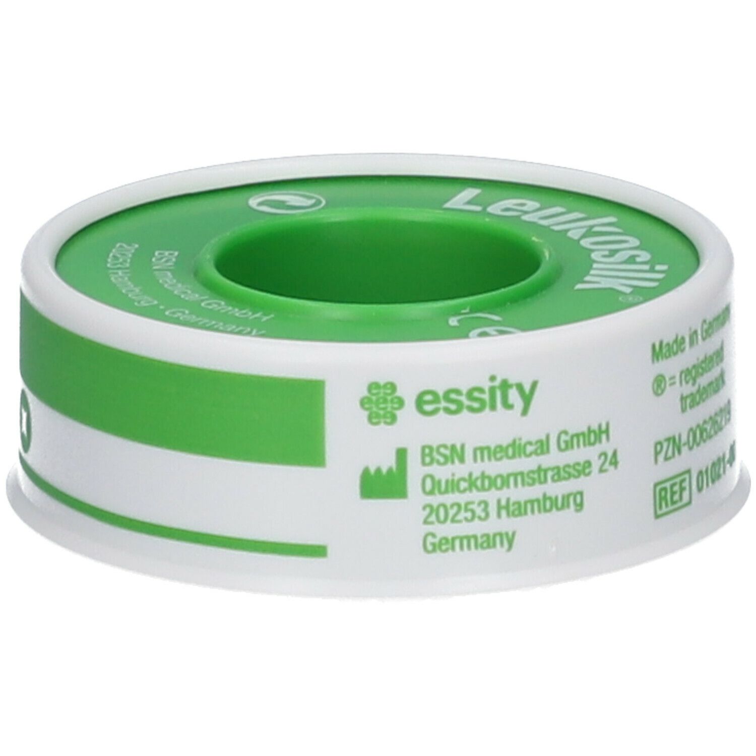 Rol Leukosilk. Wit tape met groene kern. Opschrift: essity, Made in Germany, REF-nummer.