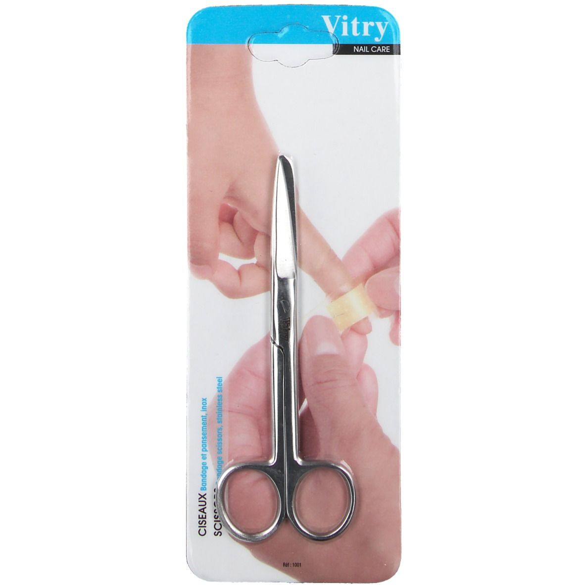 Ciseaux Vitry Classic en blister. Acier inoxydable, pointe arrondie. Image d'une main sur l'emballage.