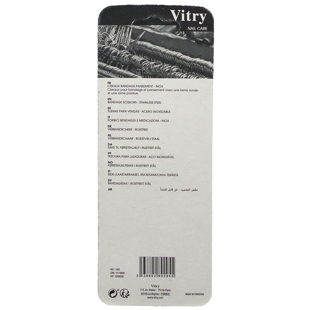 Dos de l'emballage des ciseaux Vitry Classic. Informations sur le produit et code-barres. Texte multilingue.