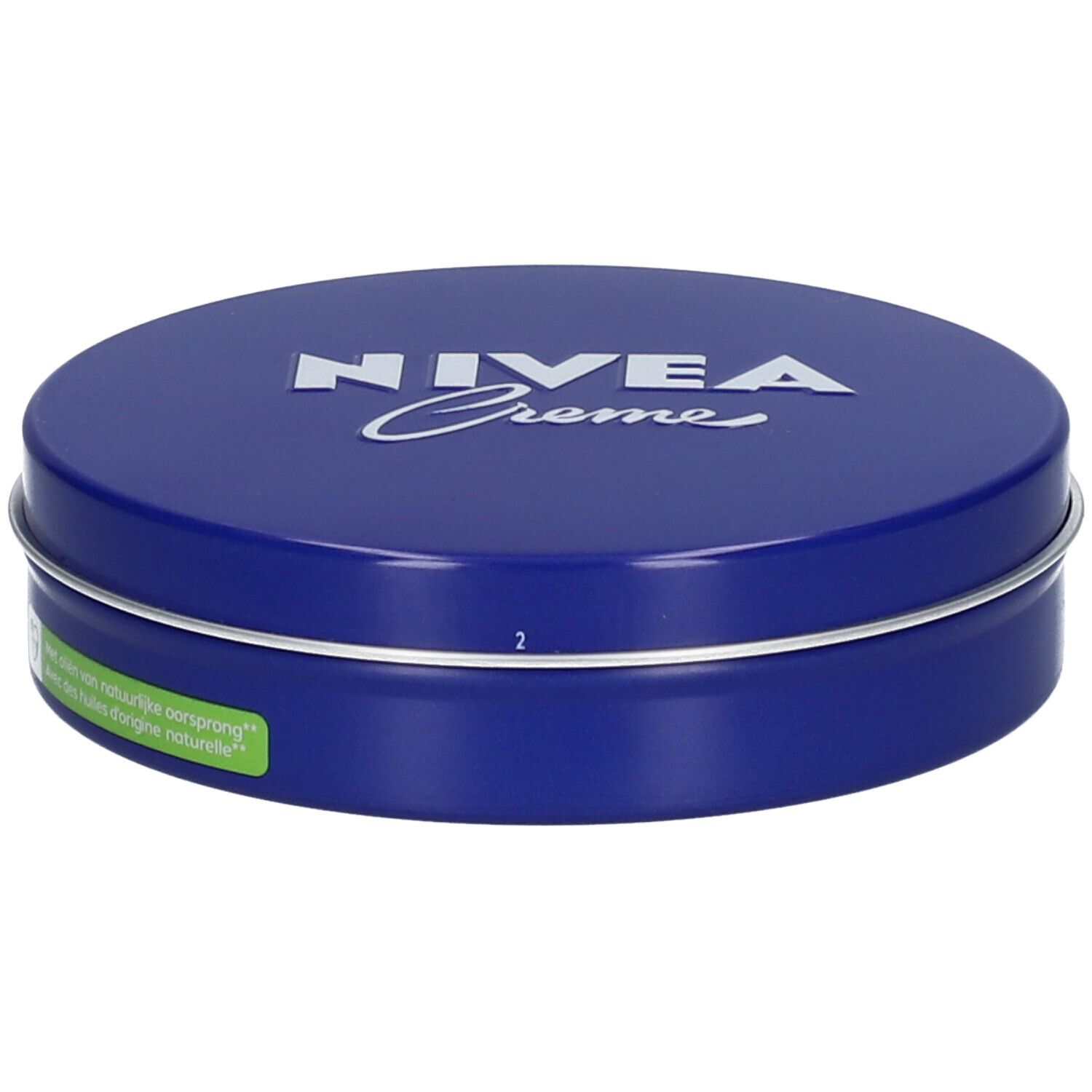 Blauwe, ronde doos met zilveren rand. Op deksel staat in wit "NIVEA Creme".