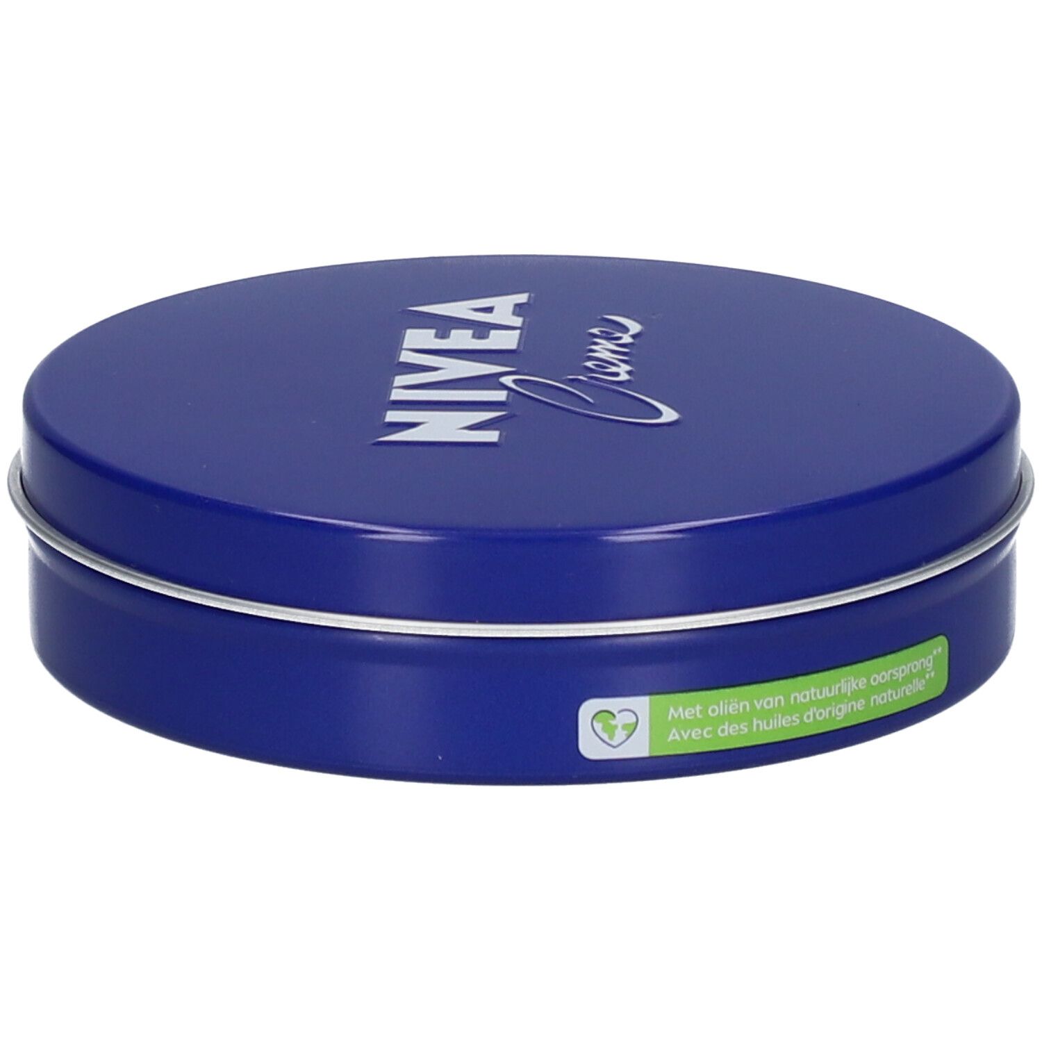 Blauwe, ronde doos met zilveren rand. Op deksel staat in wit "NIVEA Creme".