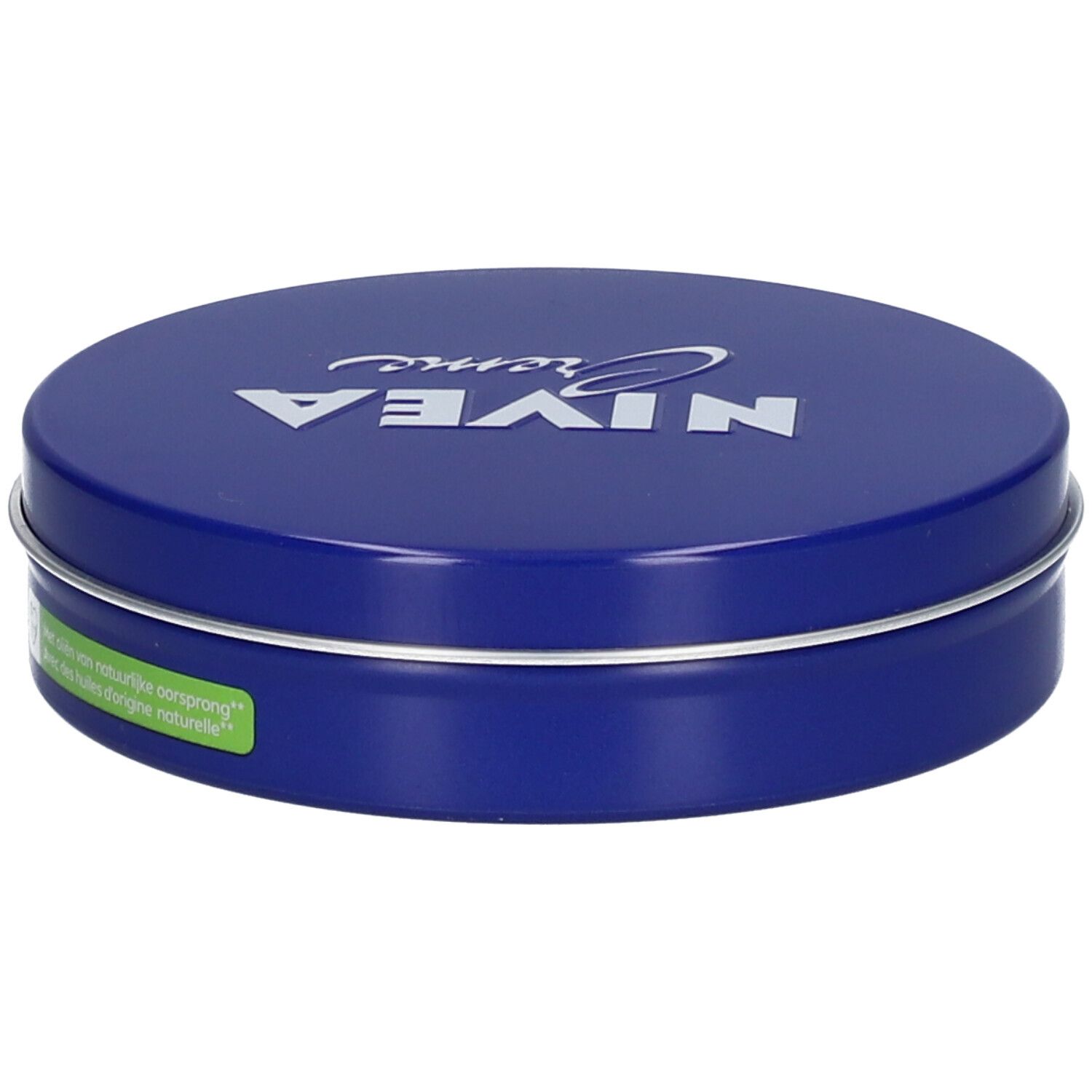 Blauwe, ronde doos met zilveren rand. Op deksel staat in wit "NIVEA Creme".