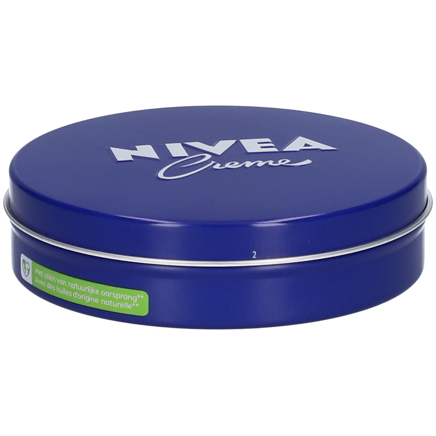 Blauwe, ronde doos met zilveren rand. Op deksel staat in wit "NIVEA Creme".