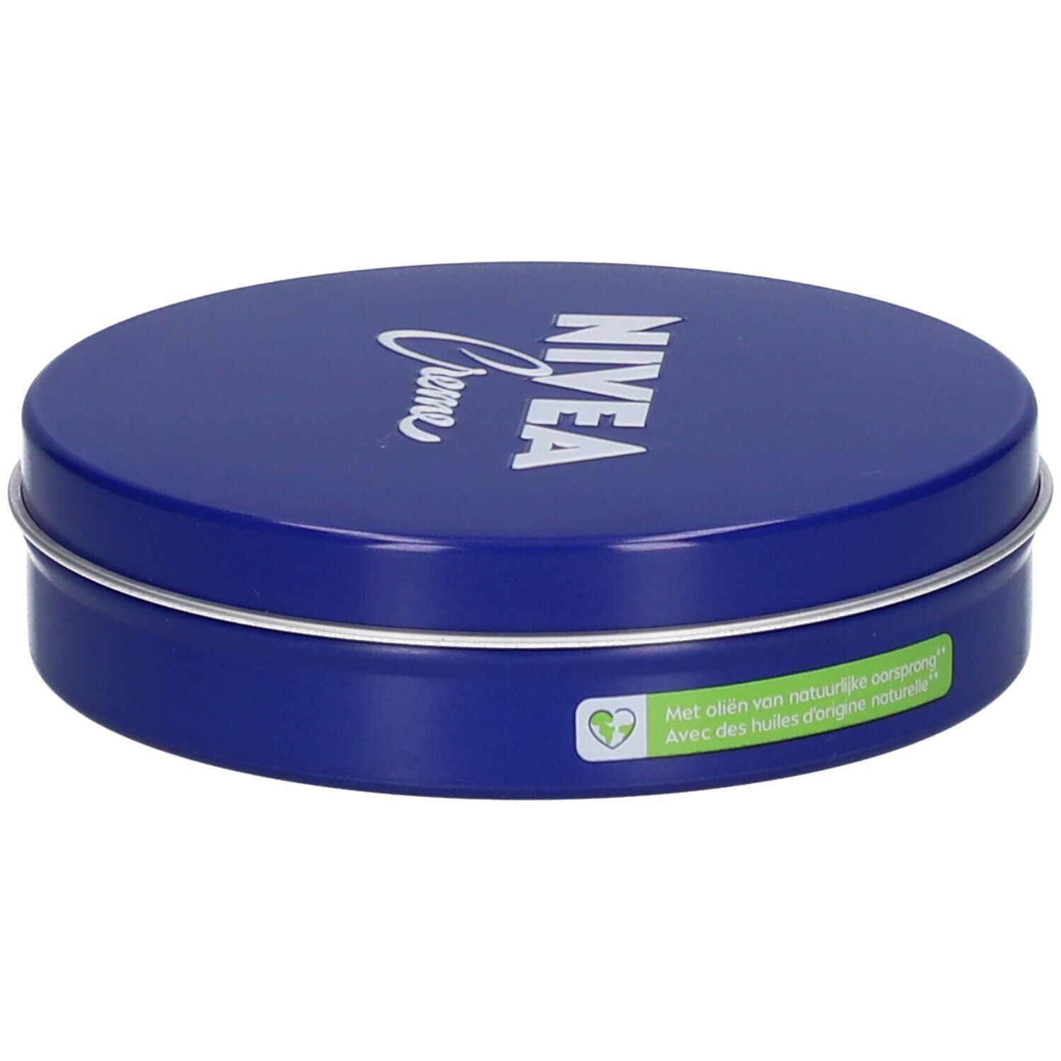 Blauwe, ronde doos met zilveren rand. Op deksel staat in wit "NIVEA Creme".