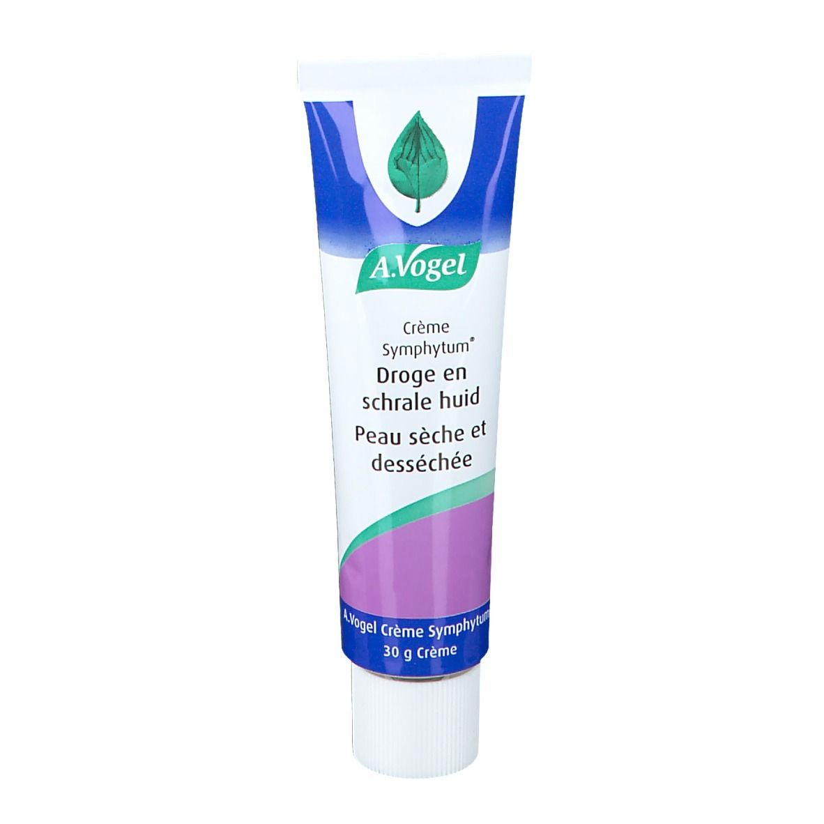 Tube de crème A.Vogel Symphytum. Texte: Crème Symphytum, Peau sèche et desséchée. 30 g Crème. Design vert, blanc et violet.