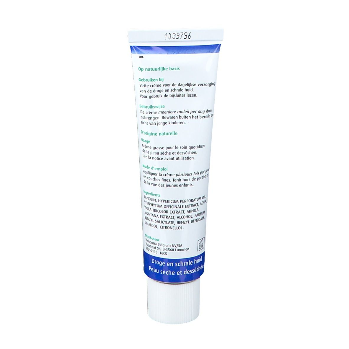 Dos du tube de crème A.Vogel Symphytum. Texte: Base naturelle, ingrédients, mode d'emploi. Tube blanc avec texte bleu.