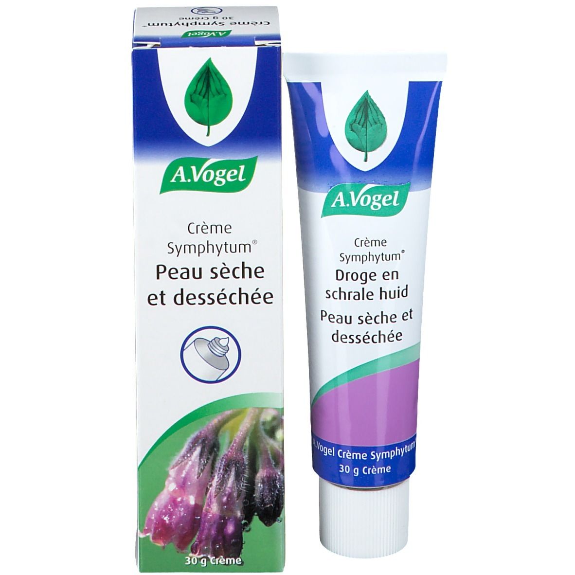 Tube et boîte de crème A.Vogel Symphytum. Texte: Crème Symphytum, Peau sèche et desséchée. 30 g Crème. Design vert, blanc et violet.