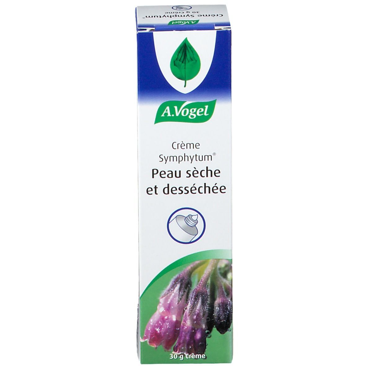 Boîte de crème A.Vogel Symphytum. Texte: Crème Symphytum, Peau sèche et desséchée. 30 g Crème. Design vert, blanc et violet.