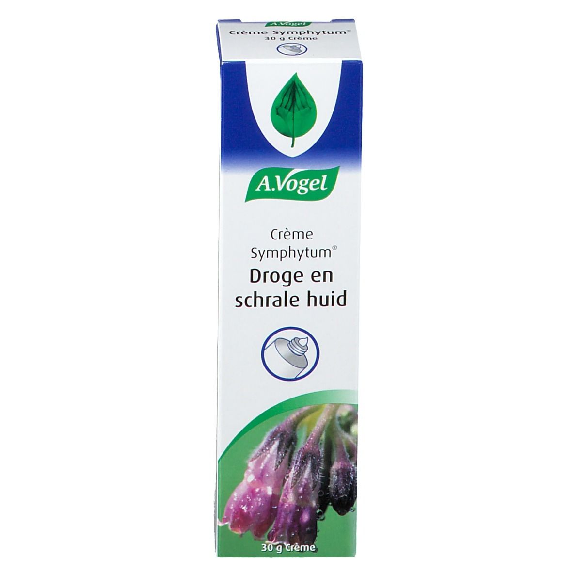 Boîte de crème A.Vogel Symphytum. Texte: Crème Symphytum, Droge en schrale huid. 30 g Crème. Design vert, blanc et violet.