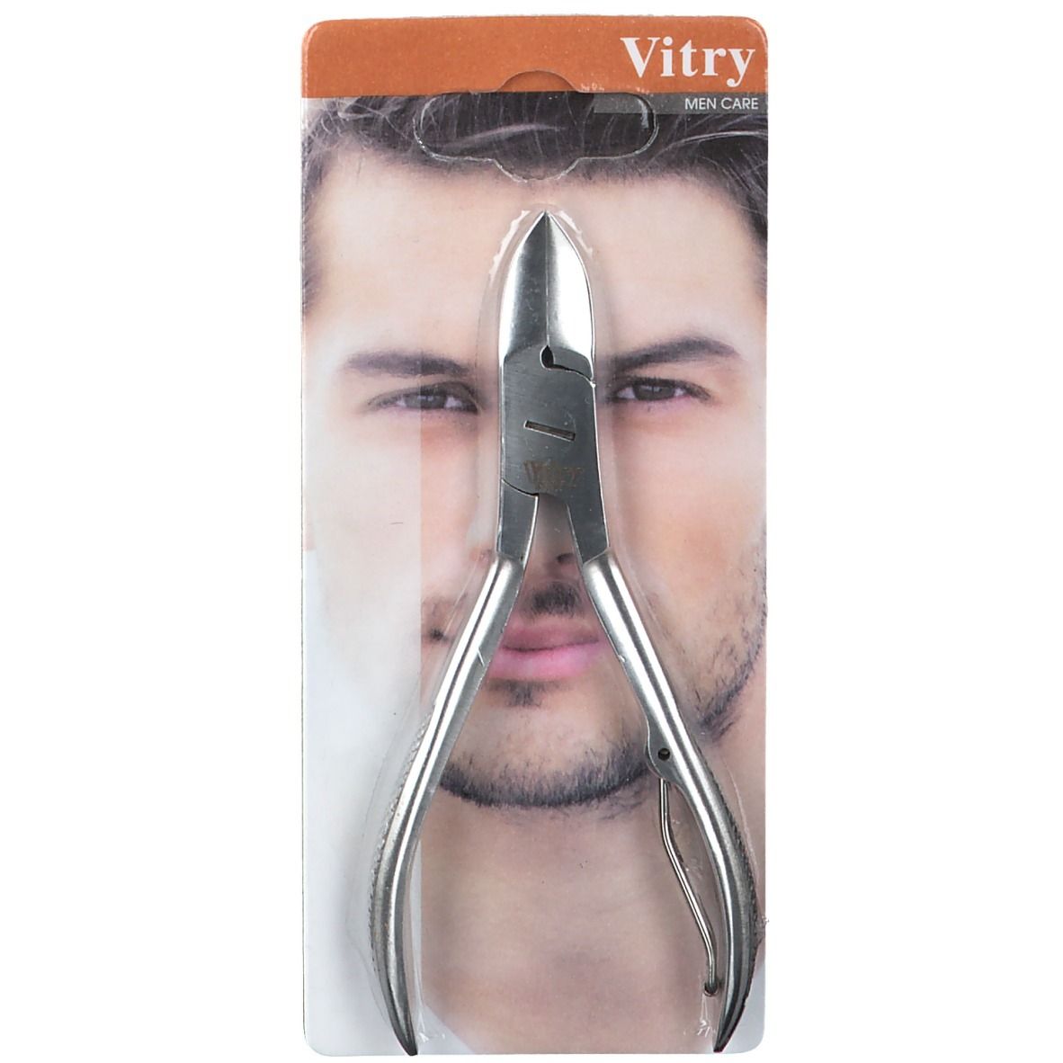 Pince à ongles en acier inoxydable. Emballage blister avec visage d'homme. Marque Vitry, texte 'Men Care' visible.