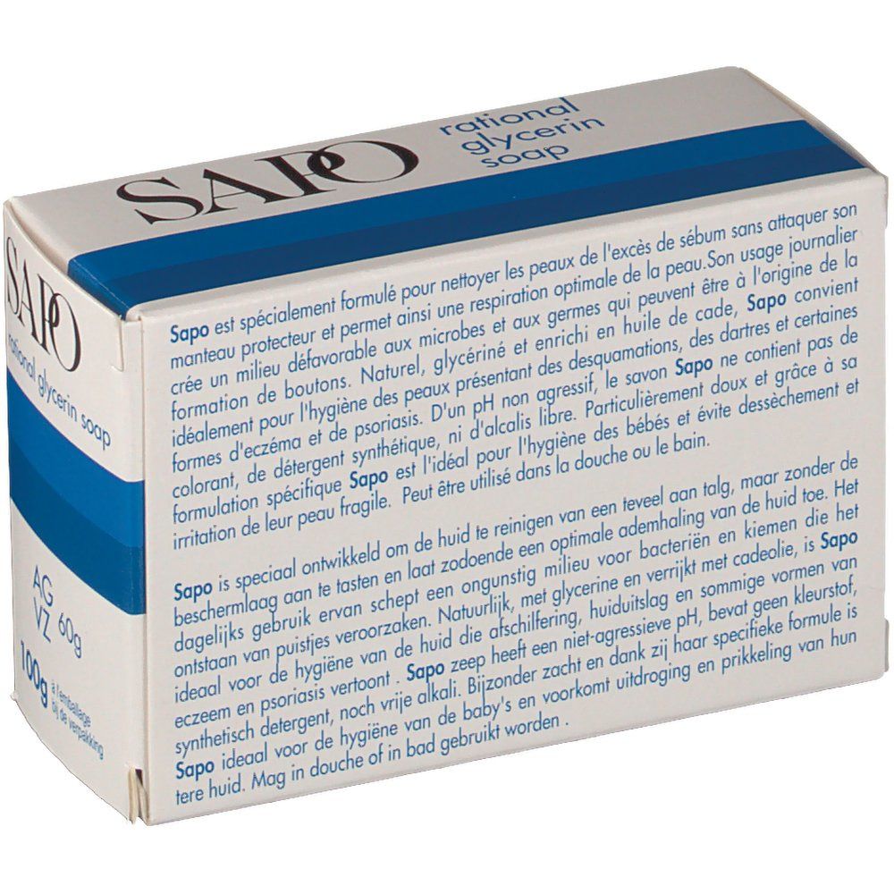 Boîte blanche à rayures bleues. Inscription: SAPO, rational glycerin soap. Texte en français et en néerlandais. Texte au dos.