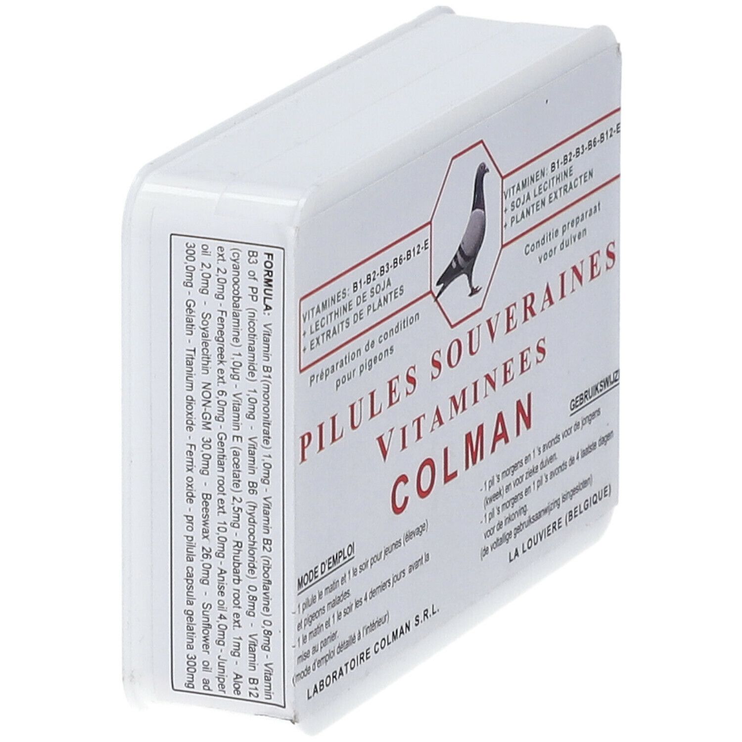 Boîte rectangulaire blanche en biais. Inscription: PILULES SOUVERAINES VITAMINEES COLMAN. Contient vitamines, lécithine de soja et extraits de plantes. Avec illustration de pigeon.