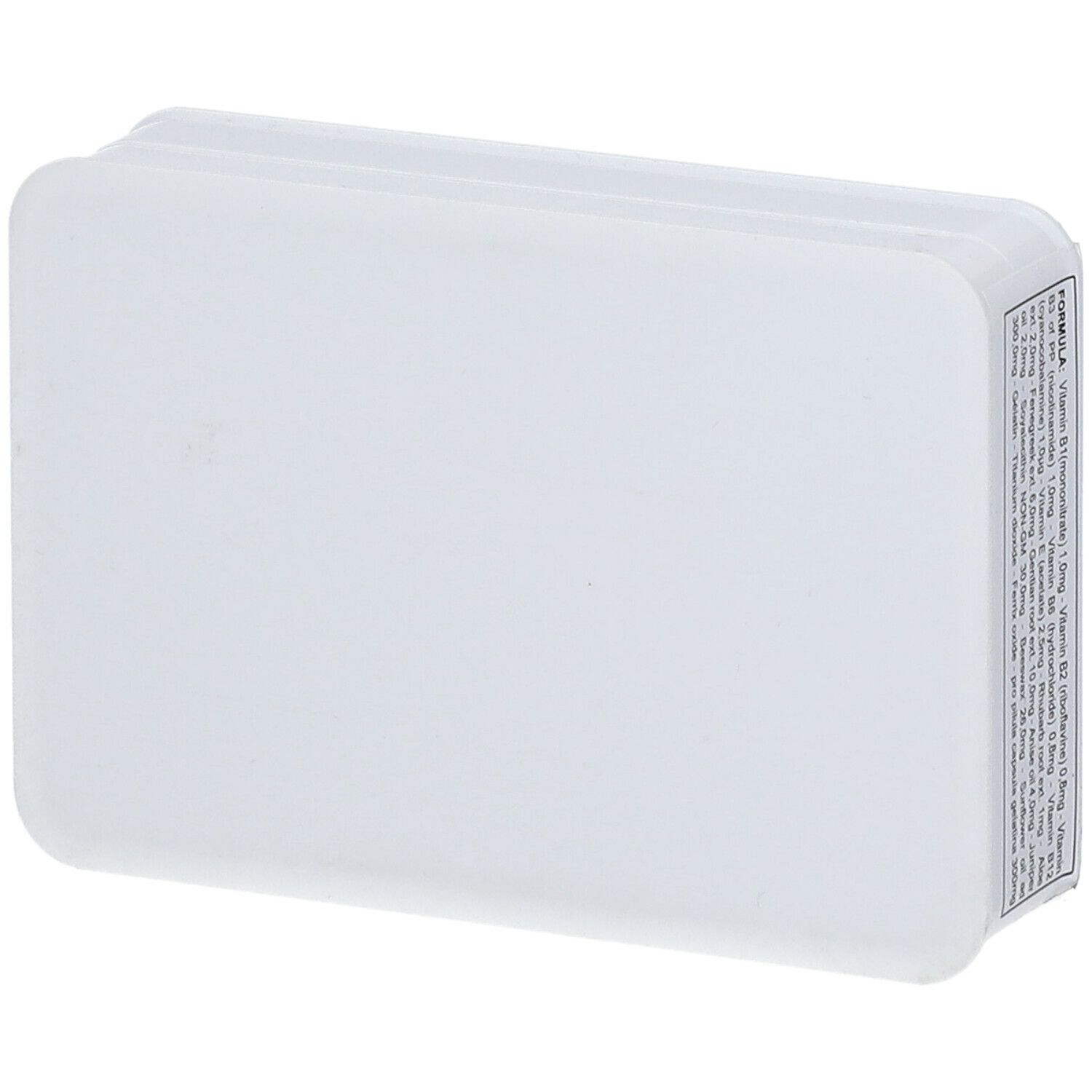 Boîte rectangulaire blanche, légèrement en biais. Texte avec ingrédients sur le côté. Aucun autre détail visible.