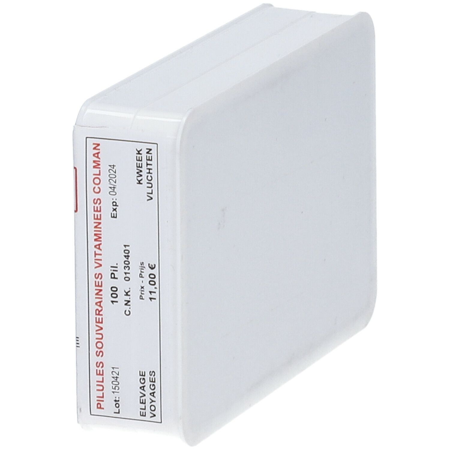 Boîte rectangulaire blanche avec étiquette. Inscription: PILULES SOUVERAINES VITAMINEES COLMAN. Contient 100 pilules. Prix: 11,00 €.