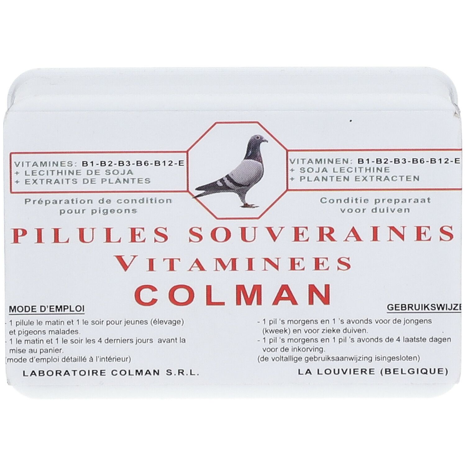 Boîte rectangulaire blanche avec texte et illustration de pigeon. Inscription: PILULES SOUVERAINES VITAMINEES COLMAN. Contient vitamines et extraits de plantes.