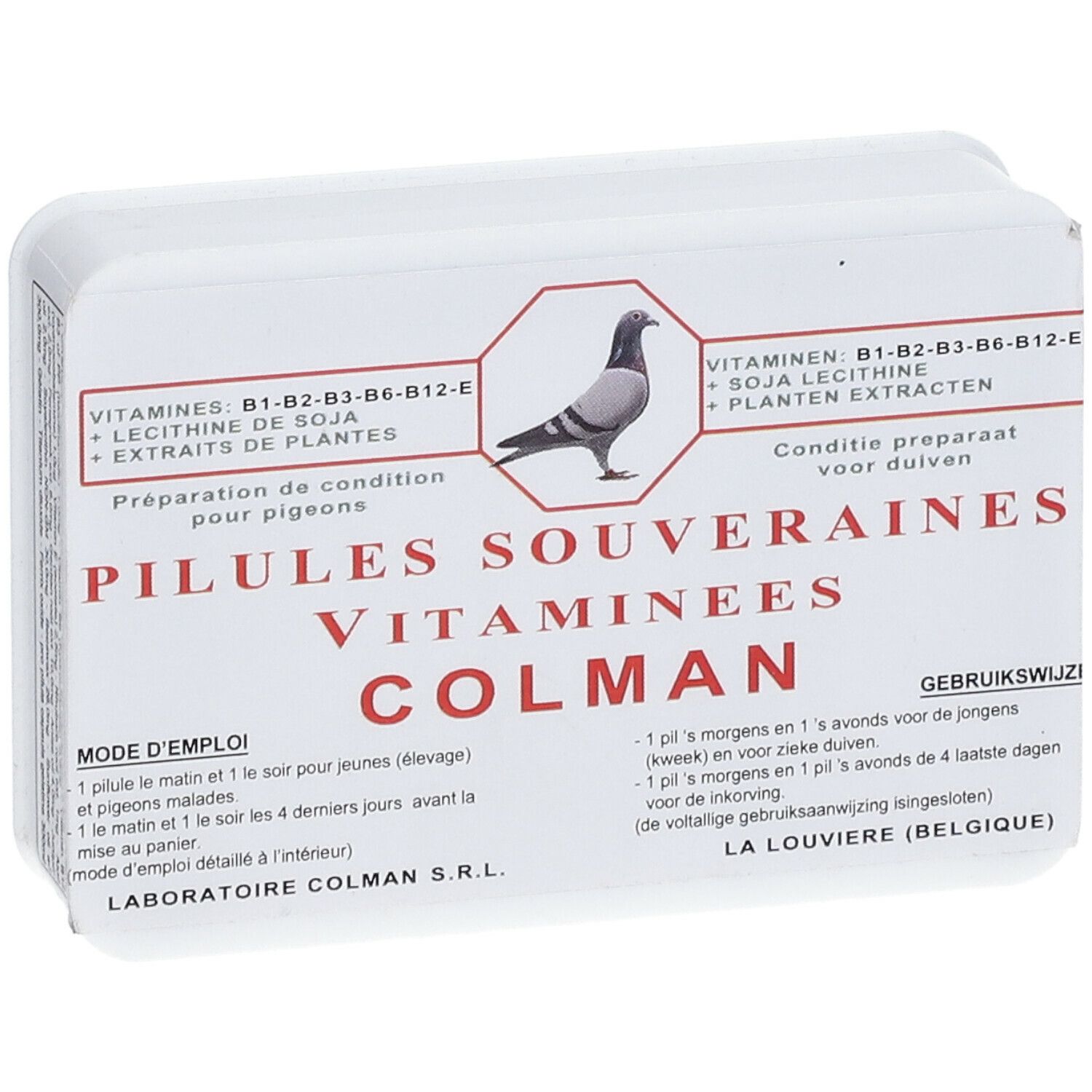 Boîte rectangulaire blanche avec texte et illustration de pigeon. Inscription: PILULES SOUVERAINES VITAMINEES COLMAN. Contient vitamines et extraits de plantes.