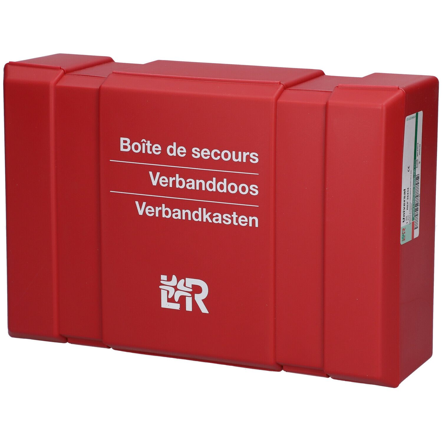 Rode EHBO-doos met witte tekst: Boîte de secours, Verbanddoos, Verbandkasten. Logo L&R.