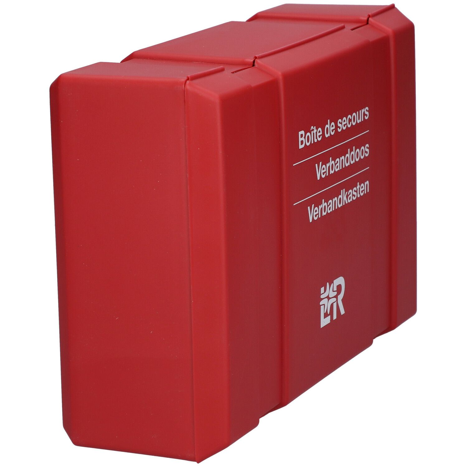 Rode EHBO-doos, schuin. Opschrift: Boîte de secours, Verbanddoos, Verbandkasten. Logo L&R.