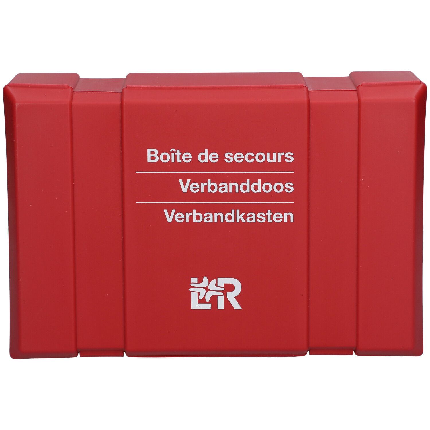 Rode EHBO-doos met witte tekst: Boîte de secours, Verbanddoos, Verbandkasten. Logo L&R.