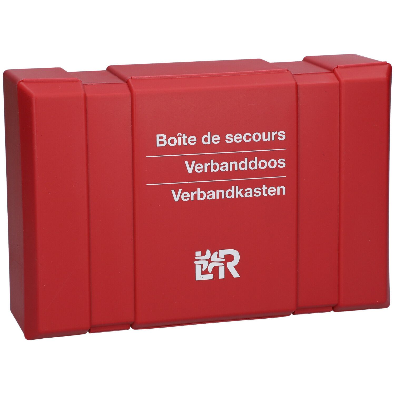 Rode EHBO-doos met witte tekst: Boîte de secours, Verbanddoos, Verbandkasten. Logo L&R.