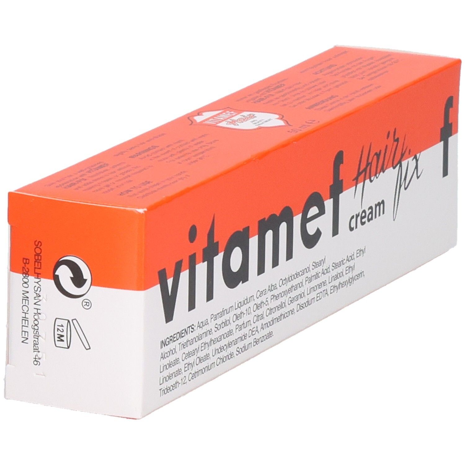 Vitamef Hair fix Creme Verpackung mit Zutatenliste und Recycling-Symbol.