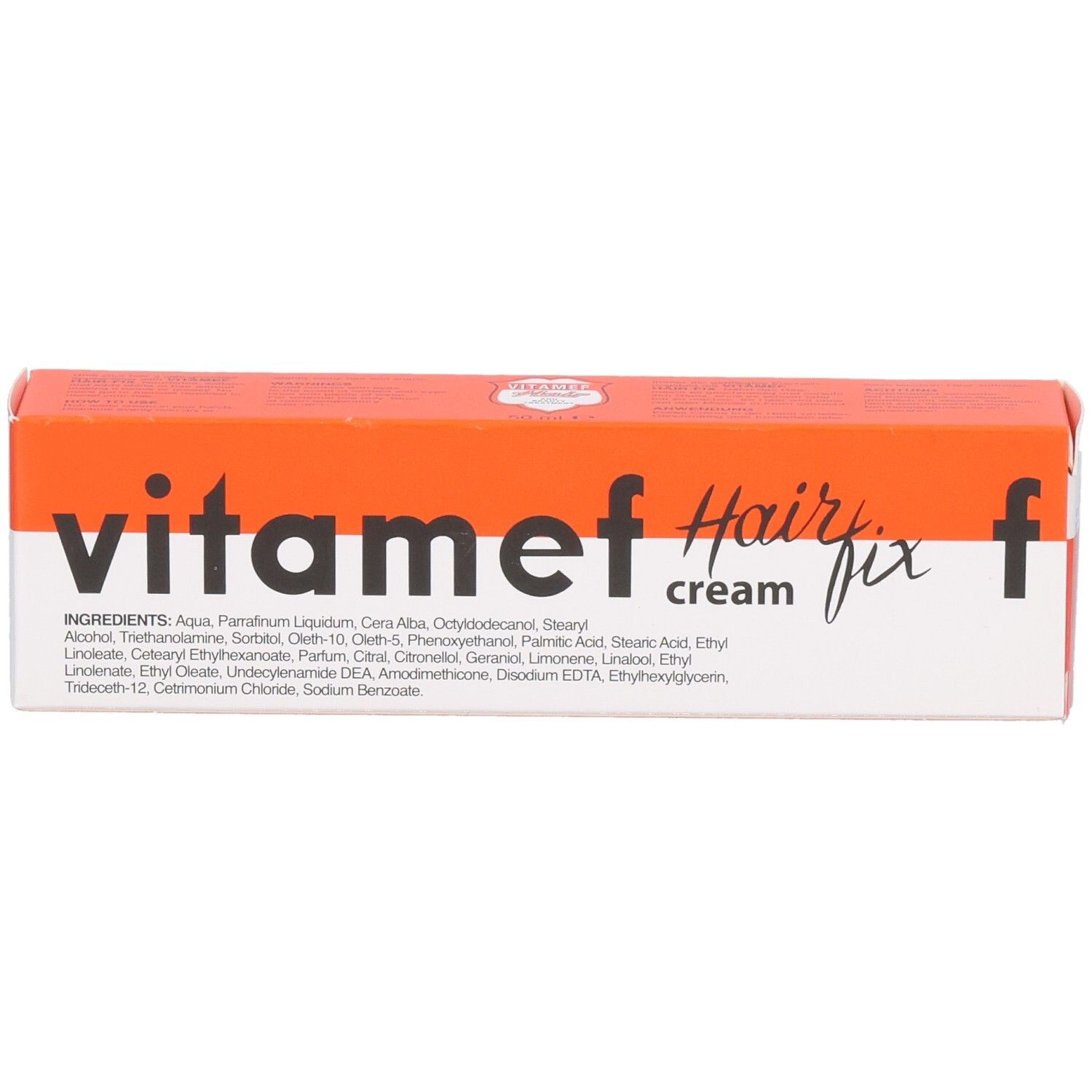 Vitamef Hair fix Creme Verpackung mit Zutatenliste.