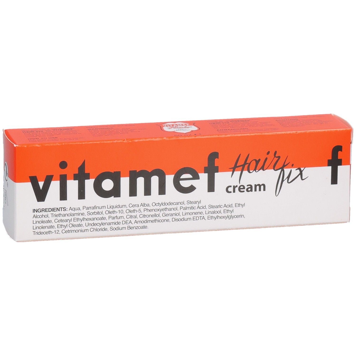 Vitamef Hair fix Creme Verpackung mit Zutatenliste.