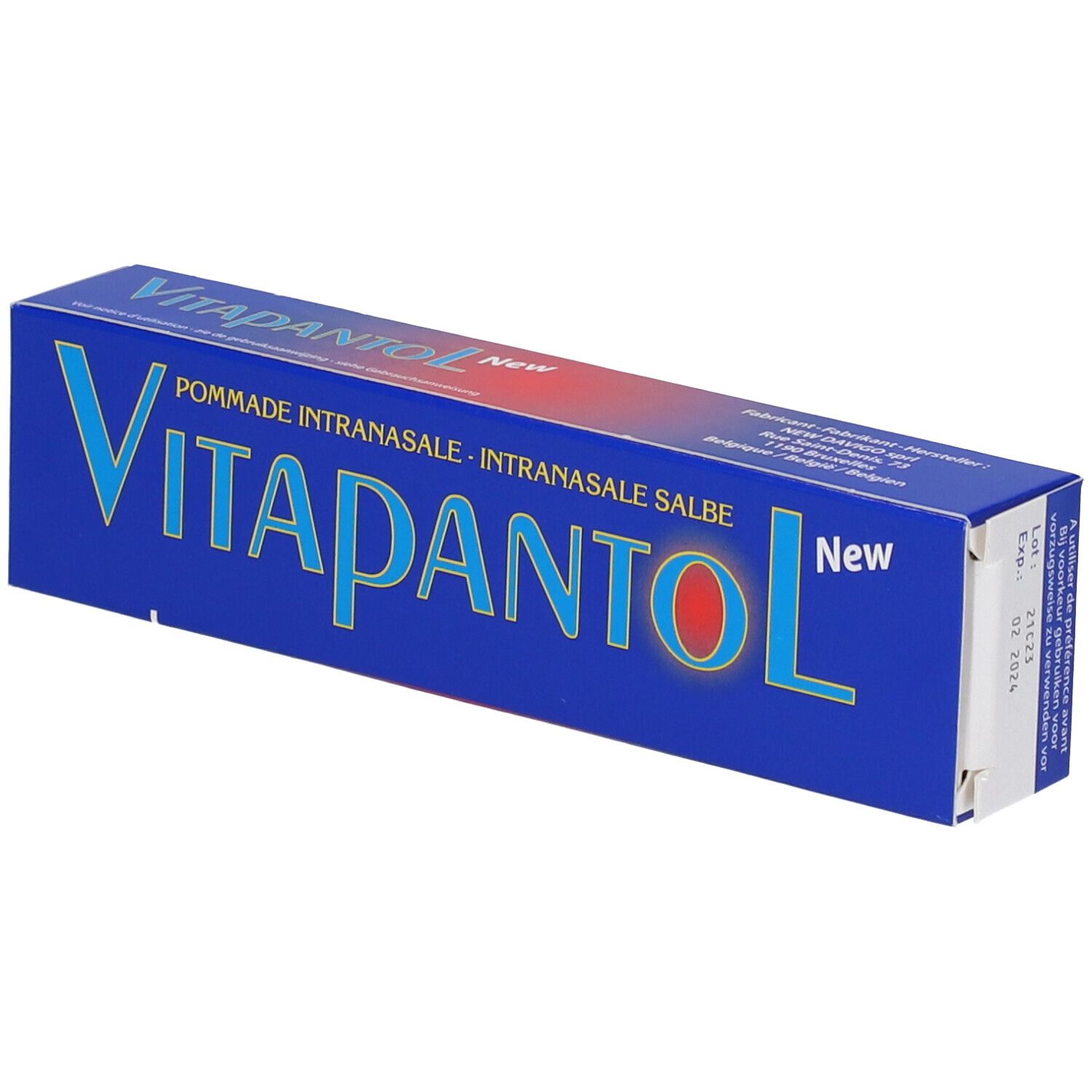 Boîte bleue et blanche avec le texte Vitapantol. Inscription : Pommade intranasale. Nouveau.