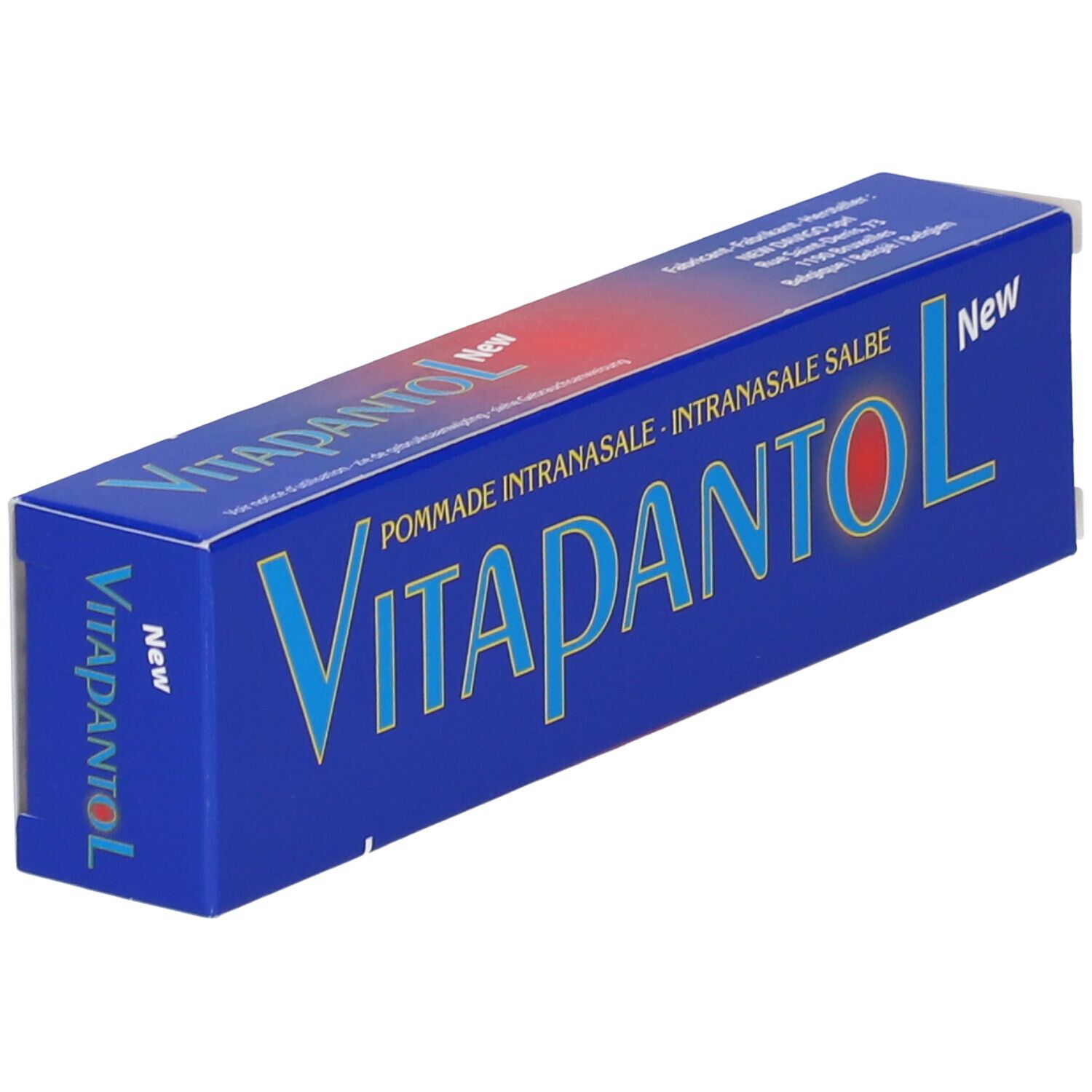 Boîte bleue et blanche avec le texte Vitapantol. Inscription : Pommade intranasale. Nouveau.