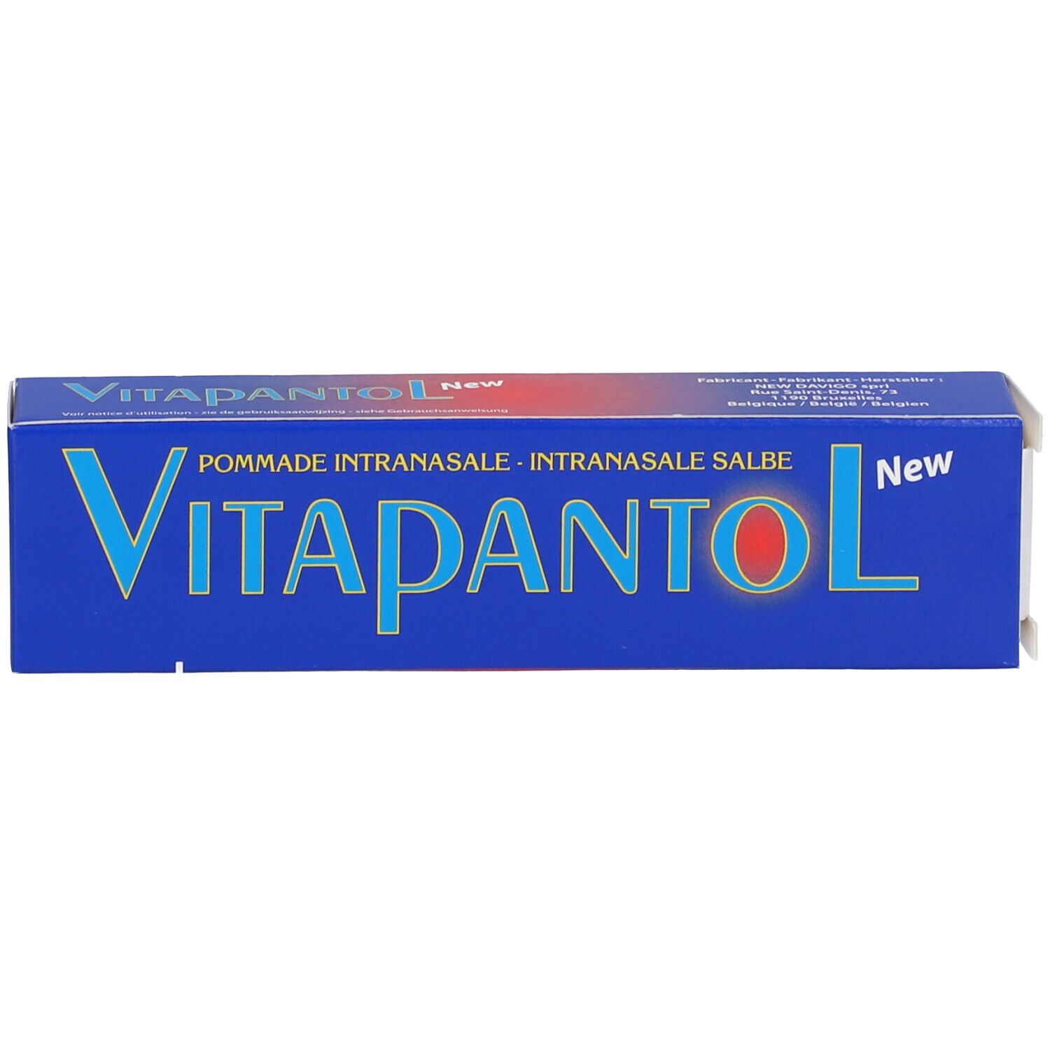 Boîte bleue et blanche avec le texte Vitapantol. Inscription : Pommade intranasale. Nouveau.