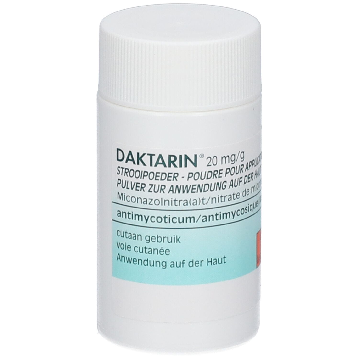 Flacon cylindrique blanc. Inscription: Daktarin 20 mg/g, poudre pour application cutanée.