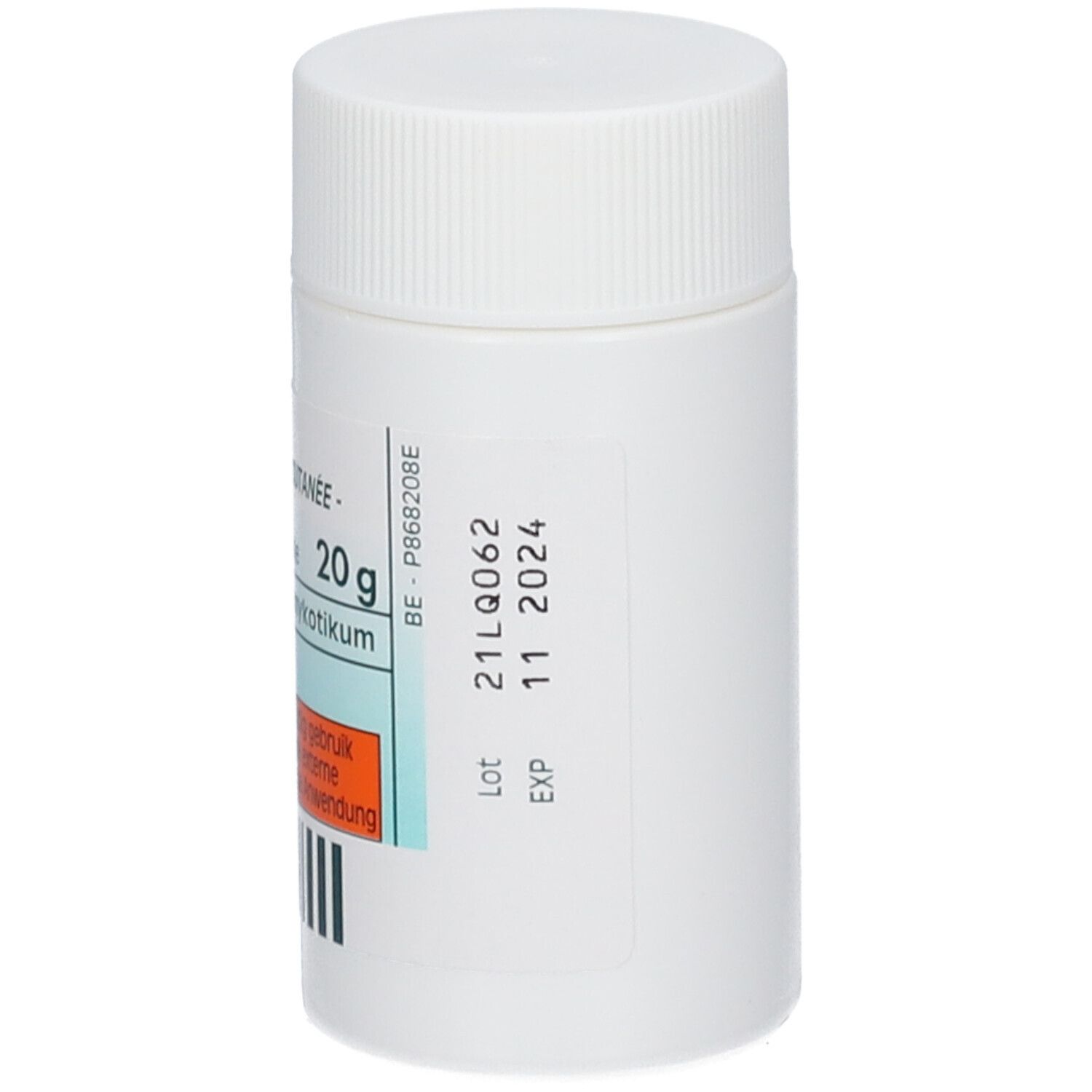 Flacon cylindrique blanc. Étiquette avec texte et code-barres. Inscription: 20 g, EXP 11 2024.