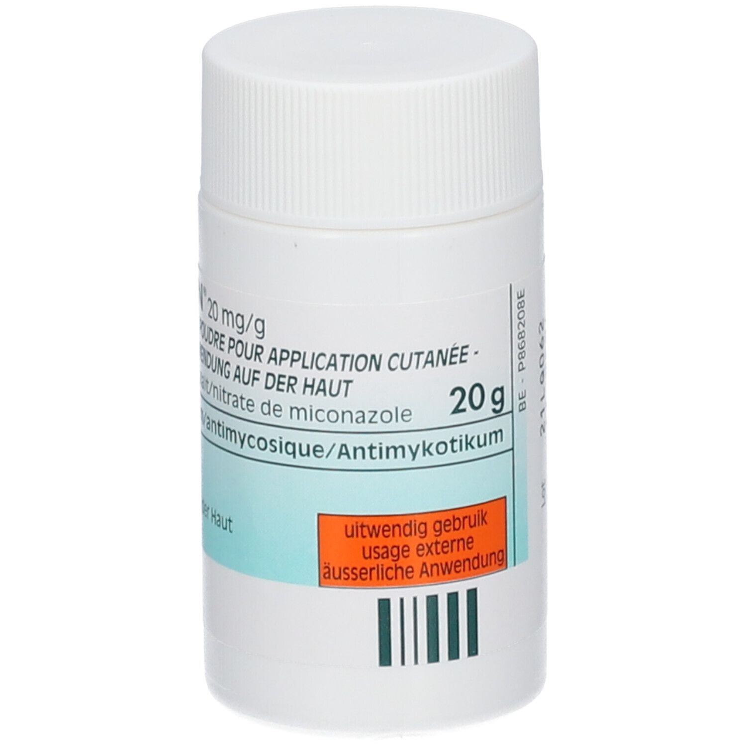 Flacon cylindrique blanc. Inscription: Daktarin 20 mg/g, poudre pour application cutanée.
