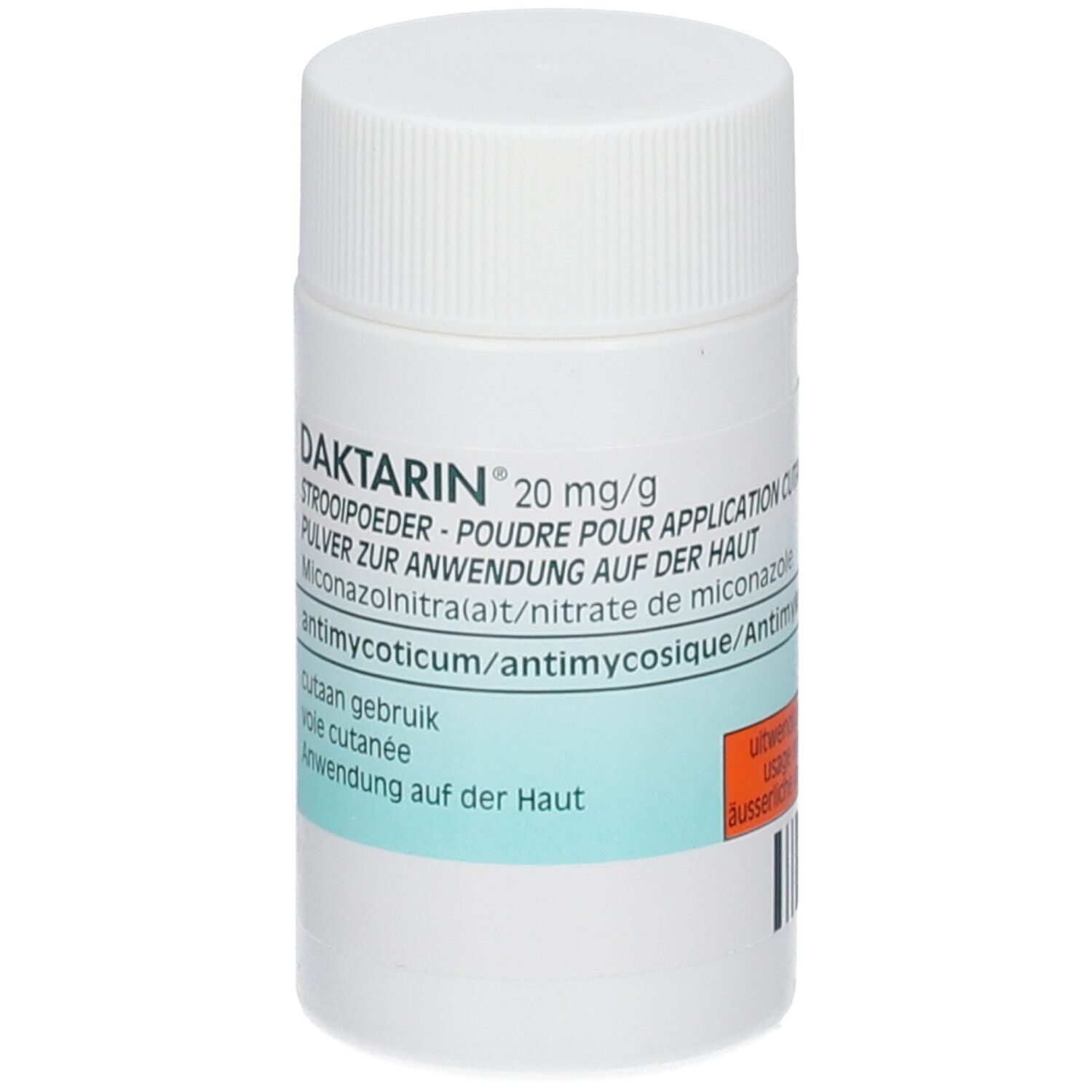 Flacon cylindrique blanc. Inscription: Daktarin 20 mg/g, poudre pour application cutanée.