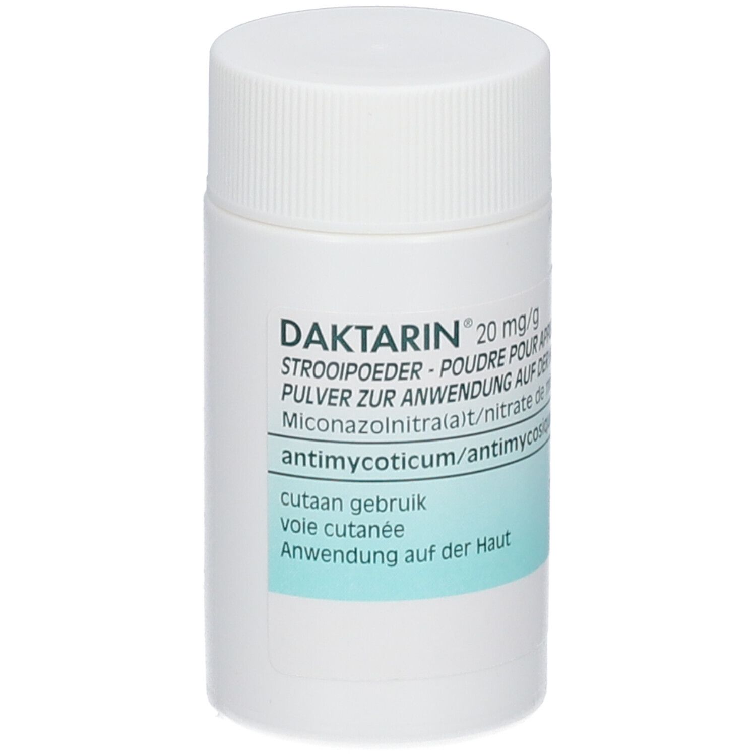 Flacon cylindrique blanc. Inscription: Daktarin 20 mg/g, poudre pour application cutanée.