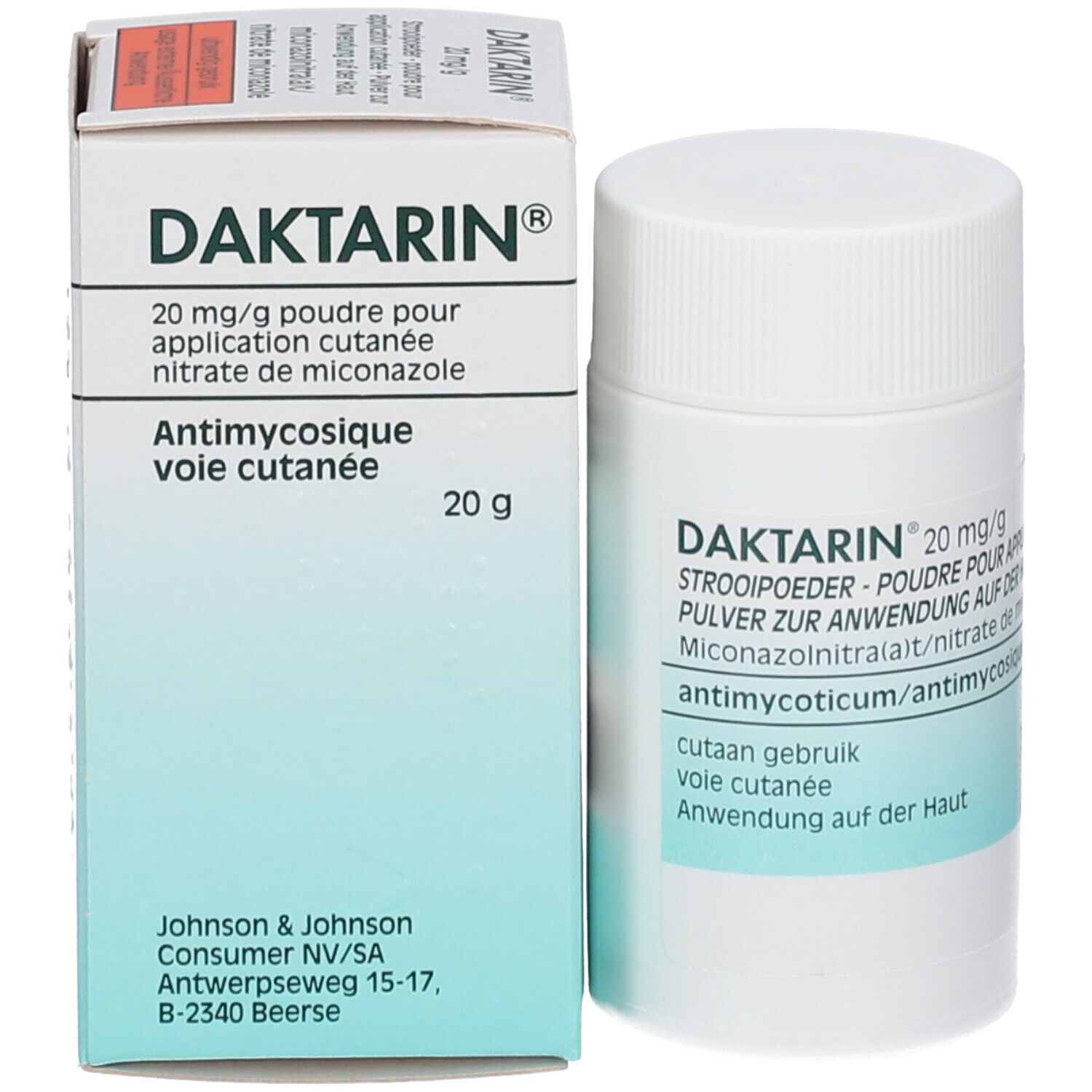 Poudre et boîte Daktarin. Boîte avec inscription Daktarin 20 mg/g, poudre.