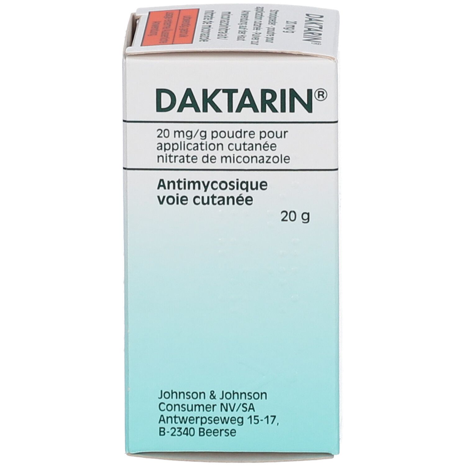 Boîte avec inscription Daktarin 20 mg/g, poudre.