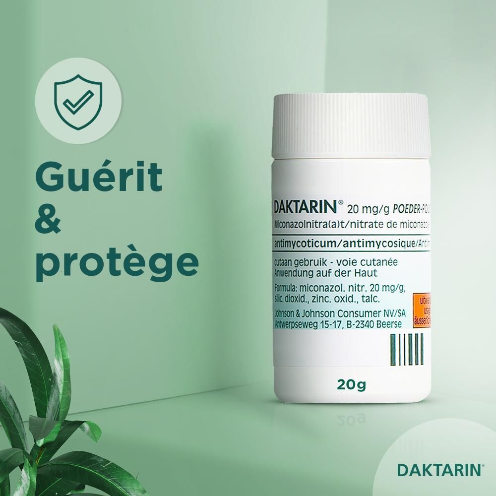 Poudre et crème Daktarin. Texte : Guérit et protège. Daktarin.