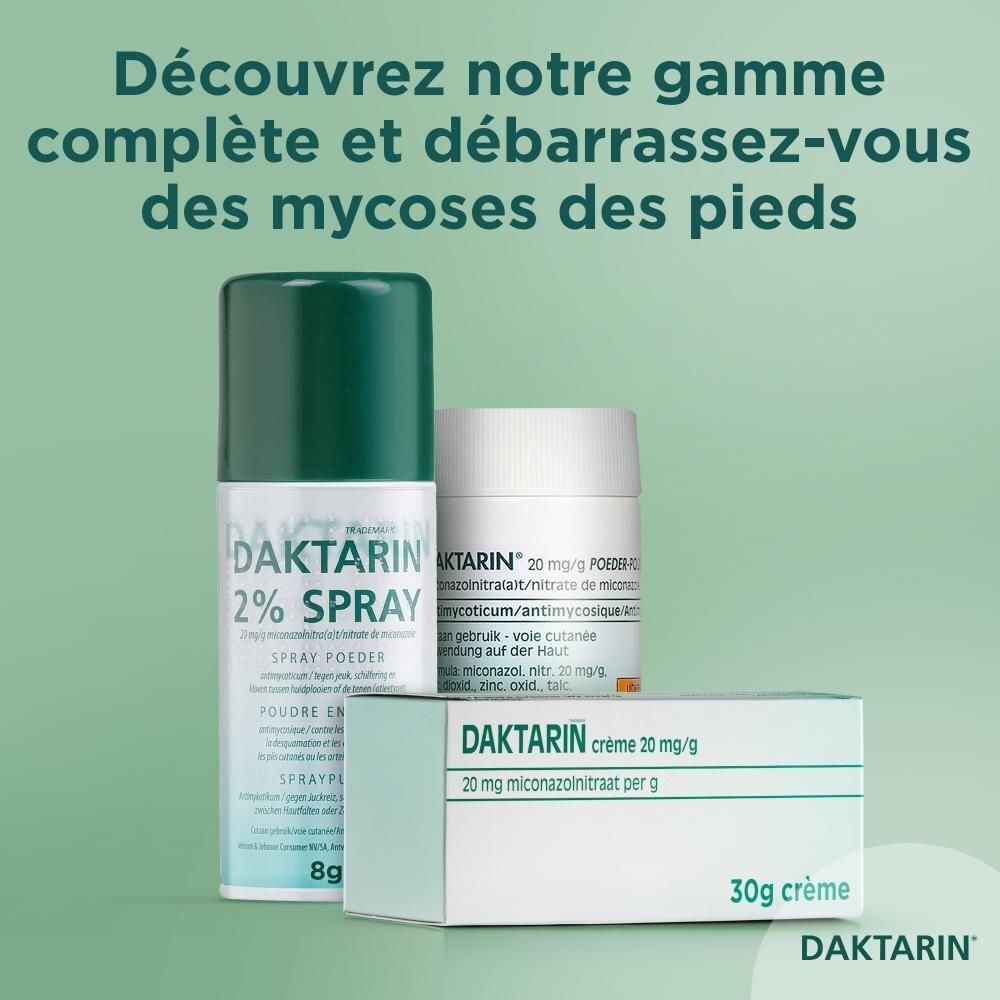 Produits Daktarin. Texte : Découvrez notre gamme complète et débarrassez-vous des mycoses des pieds.