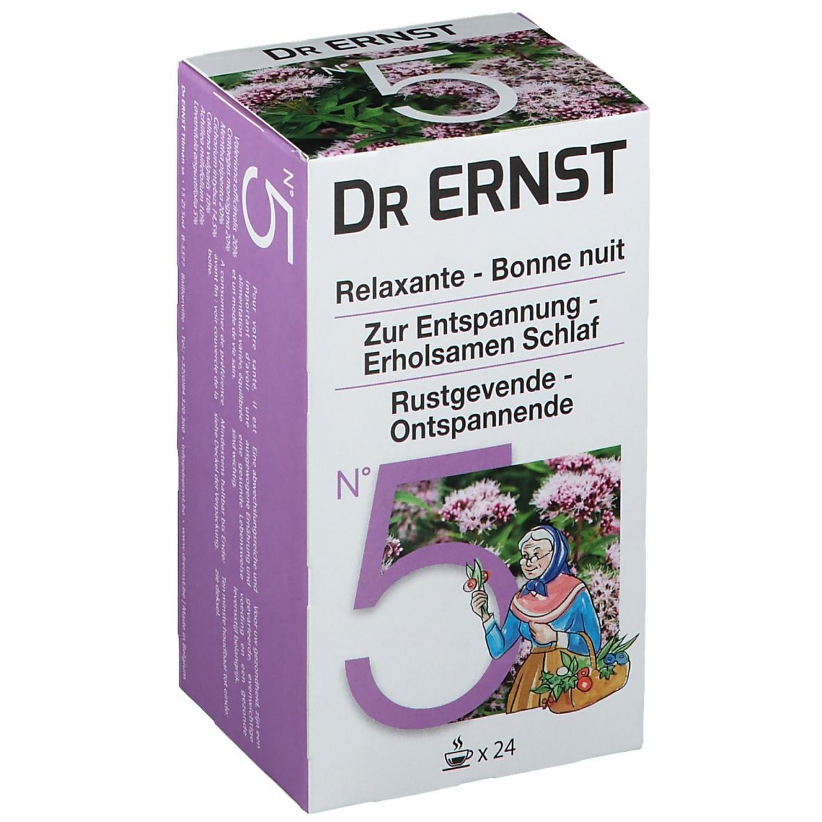 Boîte de tisane Dr. Ernst Nr. 5 Calmant. Inscription et image d'une femme. Contient 24 sachets.