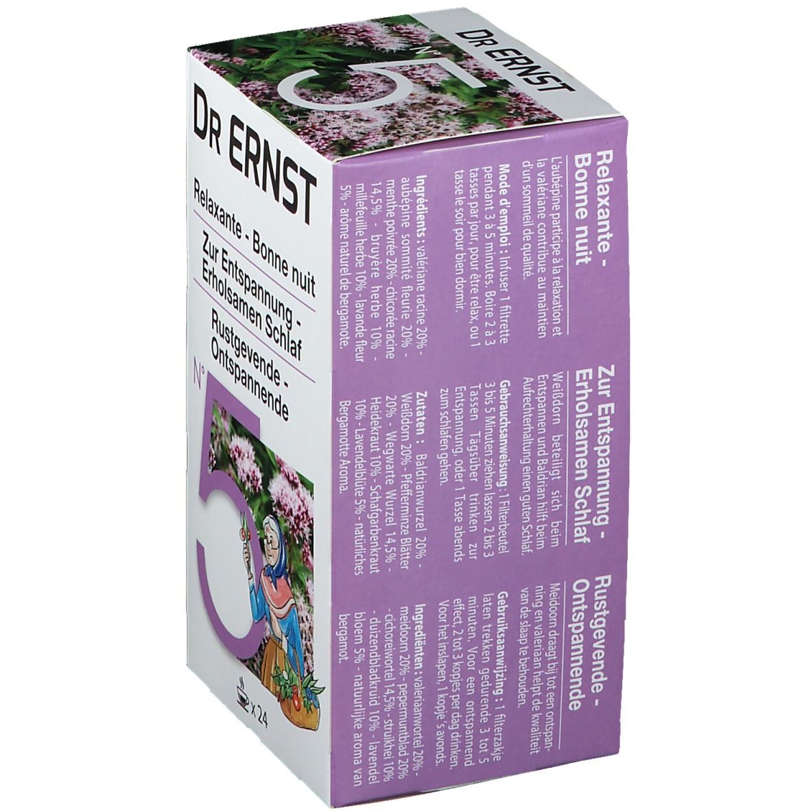 Boîte de tisane Dr. Ernst Nr. 5 Calmant. Texte et liste d'ingrédients. Contient 24 sachets.
