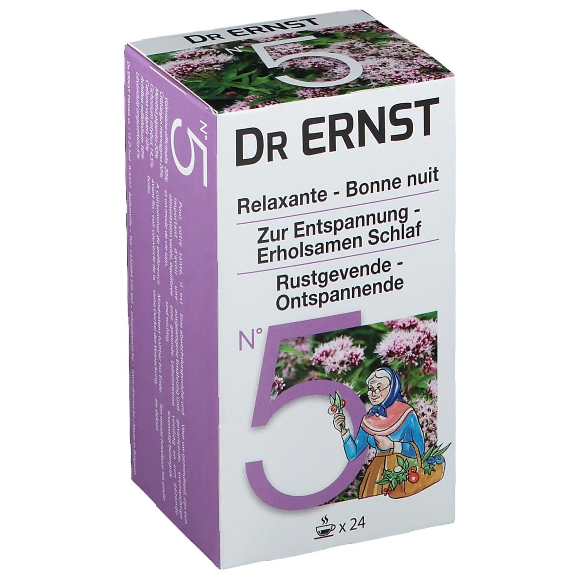 Boîte de tisane Dr. Ernst Nr. 5 Calmant. Inscription et image d'une femme. Contient 24 sachets.